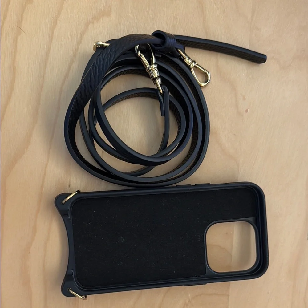 Bandolier Black Leather Crossbody Strap Phone Case with Gold Hardware